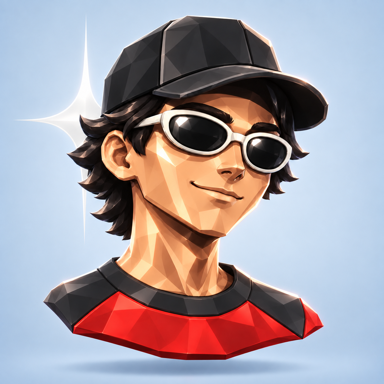 Mini-Jake as a low-poly game character, with warm tan skin, a black cap, white-rim sunglasses and a red shirt.